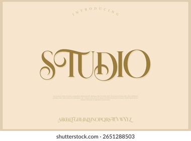 Studio premium luxury elegant alphabet letters and numbers. Elegant wedding typography classic serif font decorative vintage retro. Creative vector illustration