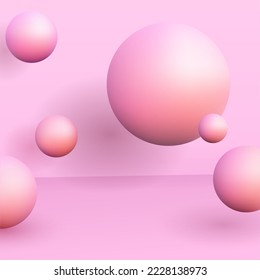 Studio for product display with copy space. 3d background with flying balls. Pink color. Monochrome gamma.