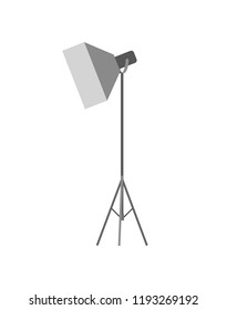 Studio professional light focusing spotlight, photographing equipment. Flashstand portable mounted flash speedlite flashgun isolated on white vector.