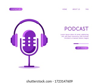 Studio professional microphone with headphones on top. Image for audio podcast or radio broadcast. Vector flat illustration on a white background.