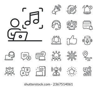 Studio record sign. Place location, technology and smart speaker outline icons. Music line icon. Listen audio symbol. Music line sign. Influencer, brand ambassador icon. Support, online offer. Vector