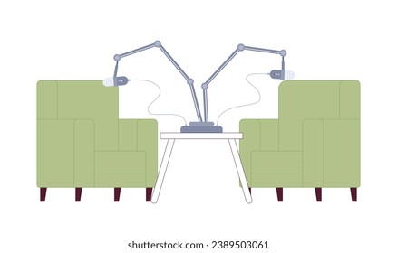 Studio recording room 2D cartoon object. Podcast microphones two armchairs isolated vector item white background. Professional equipment contemporary interior color flat spot illustration