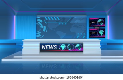 Studio for recording TV breaking news. Realistic 3D broadcasting room with speaker's table and television screens. Stepped floor and colorful backlights on walls. Vector interior mockup