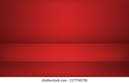 Studio red background for product table podium for showroom shoot render. Vector abstract 3D stage studio room with spotlight light backdrop