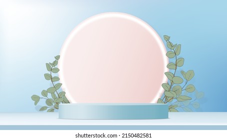 Studio room with 3D cylinder podium, Paper cut Eucalyptus leaves on blue wall background, Vector illustration Backdrop banner for product presentation, promotion, mockup on Spring or Summer sale