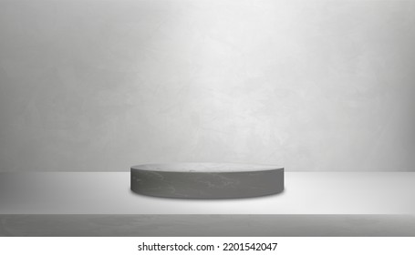 Studio room with 3D display cylinder stand on shelf,Background Grey Cement textured with light and shadow,Vector backdrop of Gray Concrete banner loft design for product presentation,sale,promotion - Shutterstock ID 2201542047