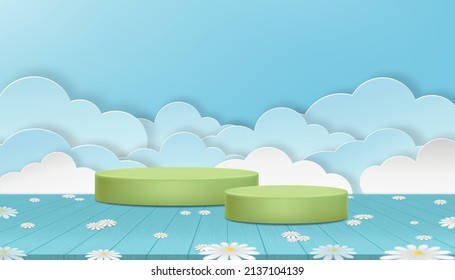 Studio room 3D green cylinder podium with flower on wood floor and Paper cut cloud layer on blue sky background. Vector cartoon interior Backdrop banner Natural scene for Easter,Spring, Summer sale