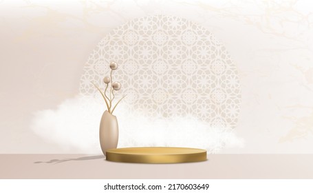 Studio room with 3d podium and flowers ball in vase on floor,Beige colour Gallery room with cloud and oriental patterns on wall background.Vector illustration backdrop minimal for product presentation