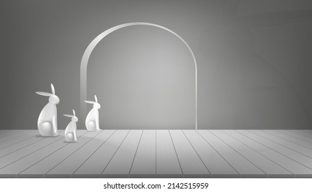 Studio room with 3D Rabbit family statue on wooden panel with dark grey wall background.Vector illustration with gray floor with light and shadow on wall board.Minimal modern style design concept