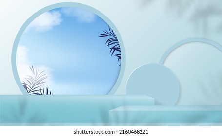 Studio room backdrop with 3D podium display, palm leaf shadow on blue wall background,Vector illustration banner stand cube mockup, Minimal style for Spring,Summer product presentation or sale