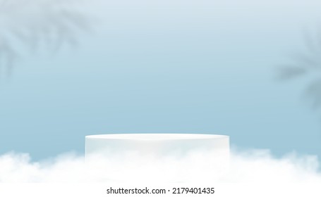 Studio room backdrop with 3D podium display, shadow of palm leaf,cloud on blue wall background,Vector illustration banner cylinder mockup, Minimal design for Spring, Summer product presentation 