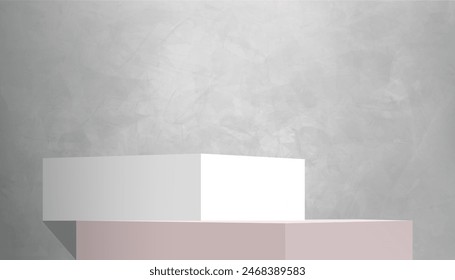 Studio-Raum-Hintergrund, Wand graue Zementstruktur mit Licht, Schatten auf Weiß, Pink Podium Display Stand für Produkt vorhanden.Hintergrund Betonraum mit Texturmuster Konzept Loft Design Konzept