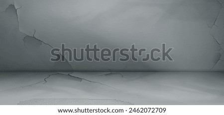 Studio room with cement wall and floor background. Grey concrete texture. 3d grunge surface for loft gallery interior. Blank minimal perspective mockup with rough plaster crack backdrop design.