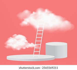 Studio room concept blue cylinder podium ladder and cloud platforms for cosmetic product presentation. vector 3d illustration with geometric shapes.  minimal design 