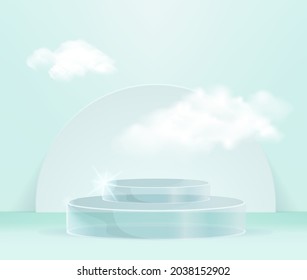 Concepto de habitación de estudio Estadio de cilindro azul transparente y plataformas en la nube para la presentación de productos cosméticos. ilustración vectorial 3d con formas geométricas.  diseño mínimo con Resumen moderno