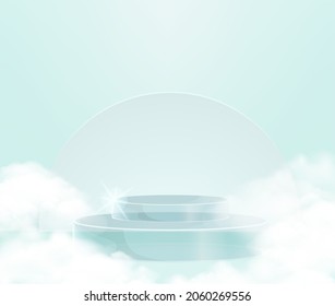 Studio room concept Transparent blue cylinder podium and cloud platforms for cosmetic product presentation. vector 3d illustration with geometric shapes.  minimal design with  Abstract modern