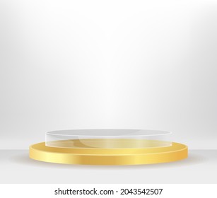 Studio room concept Transparent cylinder podium for cosmetic product presentation. vector 3d illustration with geometric shapes.  minimal design with  Abstract modern
