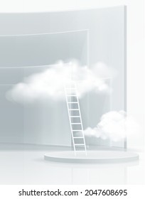 Studio room concept white cylinder podium ladder and cloud platforms for cosmetic product presentation. vector 3d illustration with geometric shapes.  minimal design 