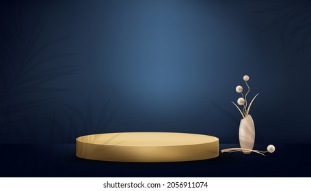 Studio room with cylinder podium and gold balls in vase on dark blue background,Gallery room with stand and palm leaves on wall.Vector 3D minimal design use for backdrop shooting for products