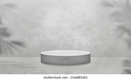 Studio room cylinder podium on grey concrete floor,palm leaf shadow on gray cement wall texture Background.Minimal Vector 3D Gallery backdrop loft style banner with Copy space for Sale,Product present