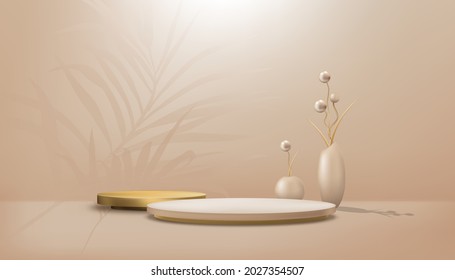 Studio room with cylinder podium and peach gold balls in vase,Gallery room with stand and palm leaves on wall background.Vector 3D minimal scene for product presentation in earth tone concept