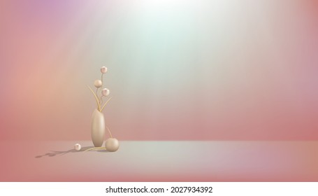 Studio room with flowers ball in vase on pastel floor background,Gallery room with sport light on wall backdrop.Vector illustration 3D minimal scenery for product presentation in sweet background