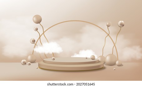 Sala de estudio con bolas futuristas aleatorias, soporte de podio en nube y cilindro para presentación de productos cosméticos o spa, sala de galería con pantalla dorada y esferas de burbujas en fondo de tono de tierra