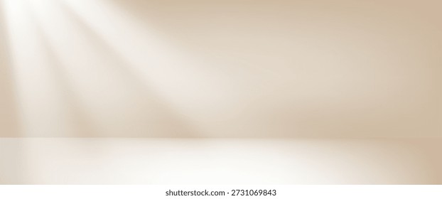 Studio room gradient background with sunlight window. Light neutral wall product room. Minimal pastel table for fall, autumn scene. Empty desk stage for presentation. Vector template illustration.