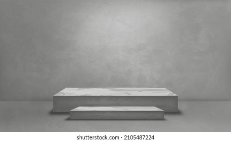 Studio room with a gray wall and 3D podium mockup, Background Grey Cement texture of floor, Vector 3D Backdrop of Gray Concrete surface with cracked texture pattern. Banner for loft design concept