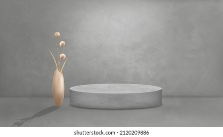 Studio room of gray wall with rose gold flower bud in vase on podium mockup, Background Grey Cement texture of floor, Vector 3D Backdrop of Dark Gray Concrete surface. Banner for loft design concept 