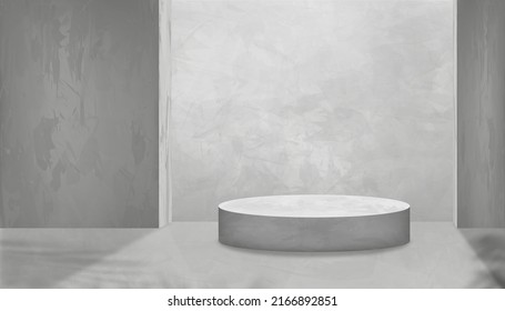 Studio room grey concrete wall with 3D podium mockup on gray Cement floor with lighting and Shadow,Minimal Vector 3D Gallery backdrop loft style banner with Copy space for Sale,Product present - Shutterstock ID 2166892851