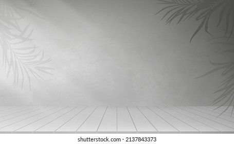 Studiozimmer mit Licht und Schatten auf grauem Zementhintergrund, 3D-Hintergrund Grau Beton mit Palmenhintergrund auf der Wand und Holzbodenfläche,Banner-Hintergrund für Loft-Design-Konzept