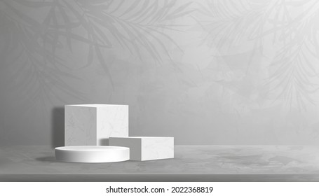 Studio Room with Marble Cylinder Podium and Palm leaves on Gray Cement Wall Texture Background with Light and Shadow on Concrete floor. Vector 3D Gallery room,Backdrop for Product presentation