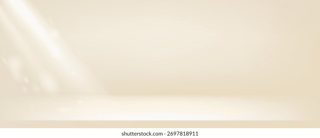 Studio room nude colors gradient background. Light neutral wall product room. Minimal beige pastel table scene. Empty ivory shelf or desk stage for presentation. Vector illustration.