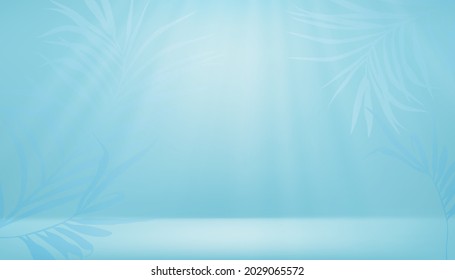 Studio Room with palm leaves on blue wall.Vector 3D illustration empty Gallery room with branches coconut leaves with sunlight,Minimal design use for backdrop shooting for products presentation 