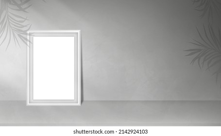 Studioraum, Bilderrahmen mit Licht und Schatten auf grauem, strukturiertem Hintergrund, Vektor-3D-Hintergrund Grau Beton mit Palmenhintergrund auf Wand- und Holzboden, Banner-Hintergrund
