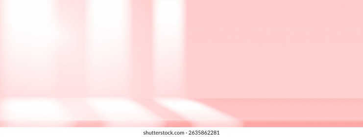 Studio room pink gradient background with sunlight window. Light neutral wall product room. Minimal pastel table scene. Empty desk stage for cosmetic presentation. Vector template illustration.