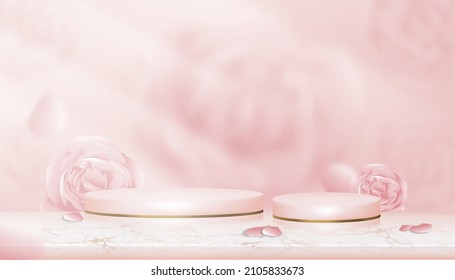 Studio room Pink podium display with blurry English rose background, Vector 3D Cylinder on blurry spring flower, Sweet pink pastel backdrop banner for beauty product and Valentine day concept