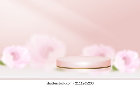 Sala de estudio Pantalla de podio rosa con fondo de flor de cerezo borrosa, Cilindro vector 3D sobre flor de primavera borrosa Sakura, Banner de fondo dulce pastel para productos de belleza, Día de la Madre, Día de San Valentín 