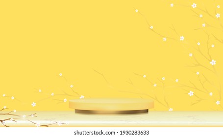 Studio room with Podium Display with Cherry blossom on yellow pastel background,Vector 3D Luxury of golden Cylinder Stand platform on gold foil Marble with branch pink sakura or Spring apple blooming