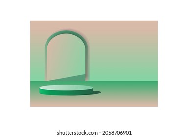 Studio room with Podium display with Cylinder Stand in green fashion color. Vector Realistic 3D Stage Pedestal Platform for Fashion, Beauty Products presentations. podium with pastel door background.