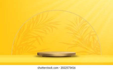 Studio room with podium display and palm leaves border on Yellow wall background,Vector 3D golden cylinder with leaves shadow in gallery room,Minimal showcase for Product presentation for sales