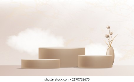 Studio room with podium and flowers ball in vase on marble floor background,Gallery room with sport light on beige pastel wall backdrop.Vector illustration 3D minimal scenery for product presentation 