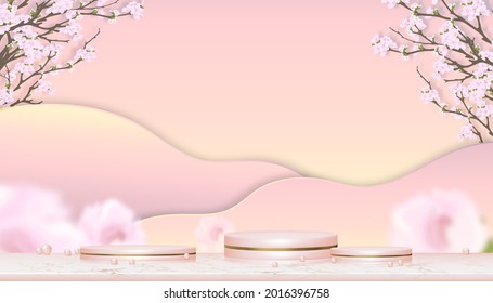 Studio room with podium and pink cherry blossom on pink and yellow pastel background,Vector 3D Scenery gold cylinder stand platform on rose gold foil marble with spring apple blossom or Sakura flowers