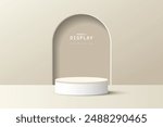 studio room rendered 3d white cream cylinder podium pedestal or product display stand with arch door shape background. 3d vector geometric platform. stage for product presentation