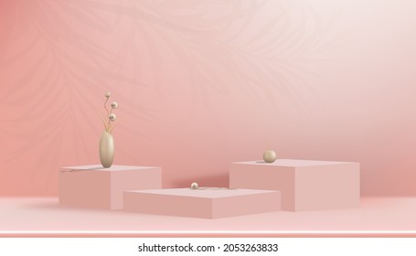 Studio room with rose gold flower bud in vase on cubes box stand and palm leaves on wall background, Gallery room with minimal stands display. Vector 3D scene composition for product presentation 
