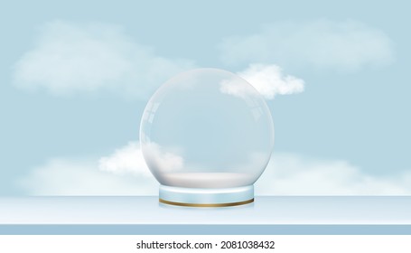 Studio room with Snow Globe and fluffy cloud on blue sky background,Vector illustration. Empty Crystal 3d Sphere. Transparent magic glass ball for Merry Christmas,New Year or Spring and Summer sale
