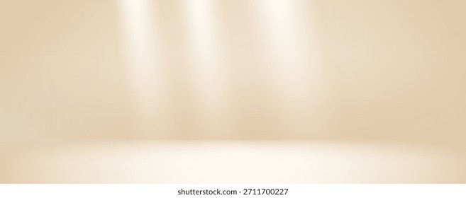 Habitación de estudio cálido fondo beige degradado con foco. Sala de productos de pared neutra ligera. Escena de piso pastel minimalista. Escenario de escritorio vacío para la presentación cosmética. Ilustración de Plantilla de Vector.