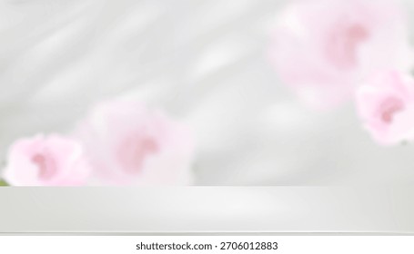 Studio room White podium display with blurry cherry blossom background, Vector 3D Cylinder on blurred Spring Sakura flower, Sweet pastel backdrop banner for Beauty product, Mother day,Valentine day 