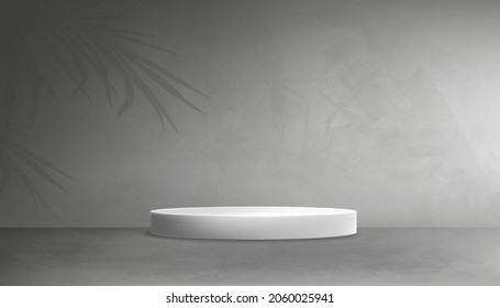 Studio room with white podium on grey concrete floor and palm leaves on gray cement wall texture Background. Minimal Vector 3D backdrop horizon banner of Gallery with Copy space for product presents